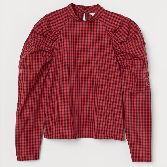 H&M Puff Long Sleeve Blouse Checked Red Black Low Stand Up Collar Covered Button - Picture 1 of 11